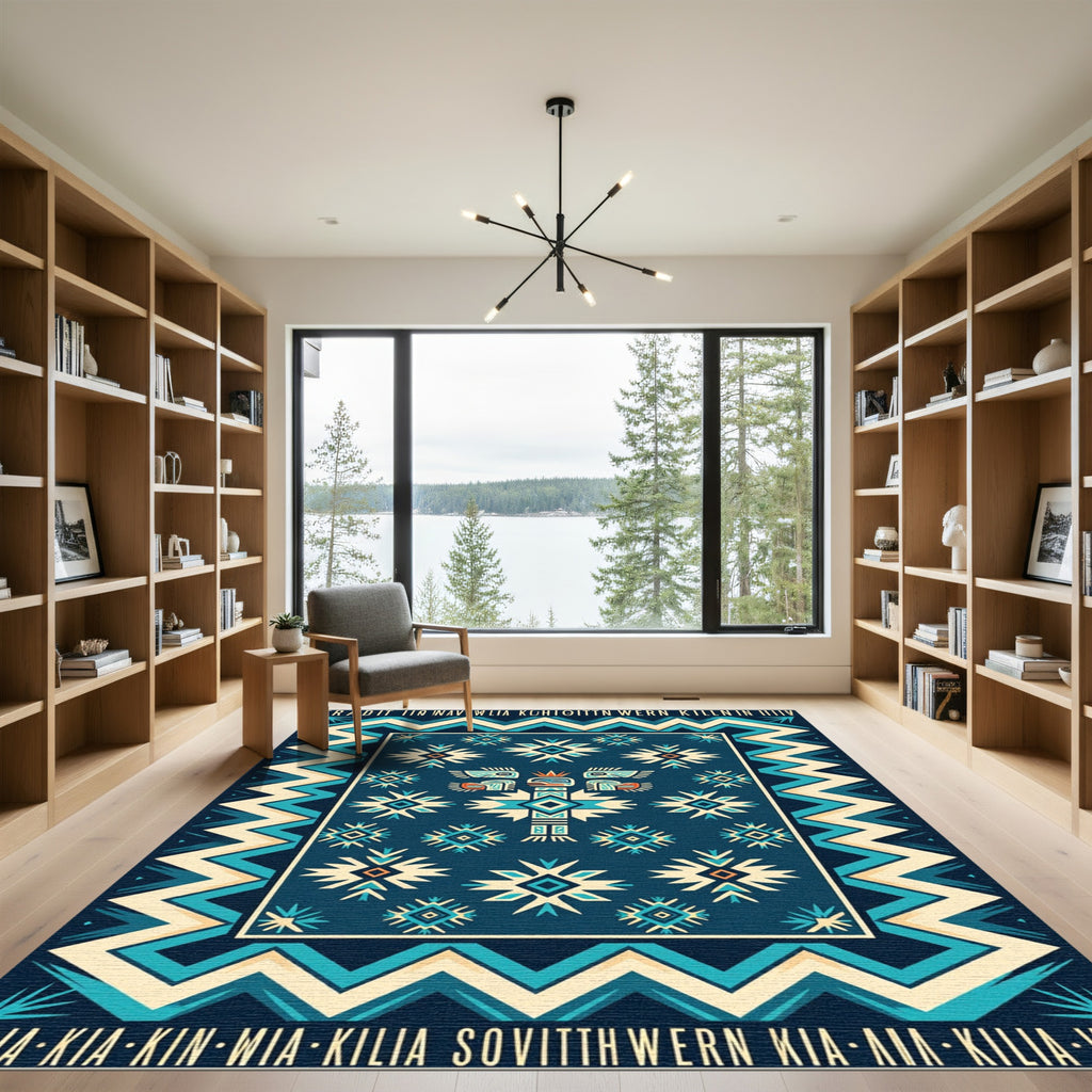 Geometric Navy Teal Southwestern Totem Art Rug