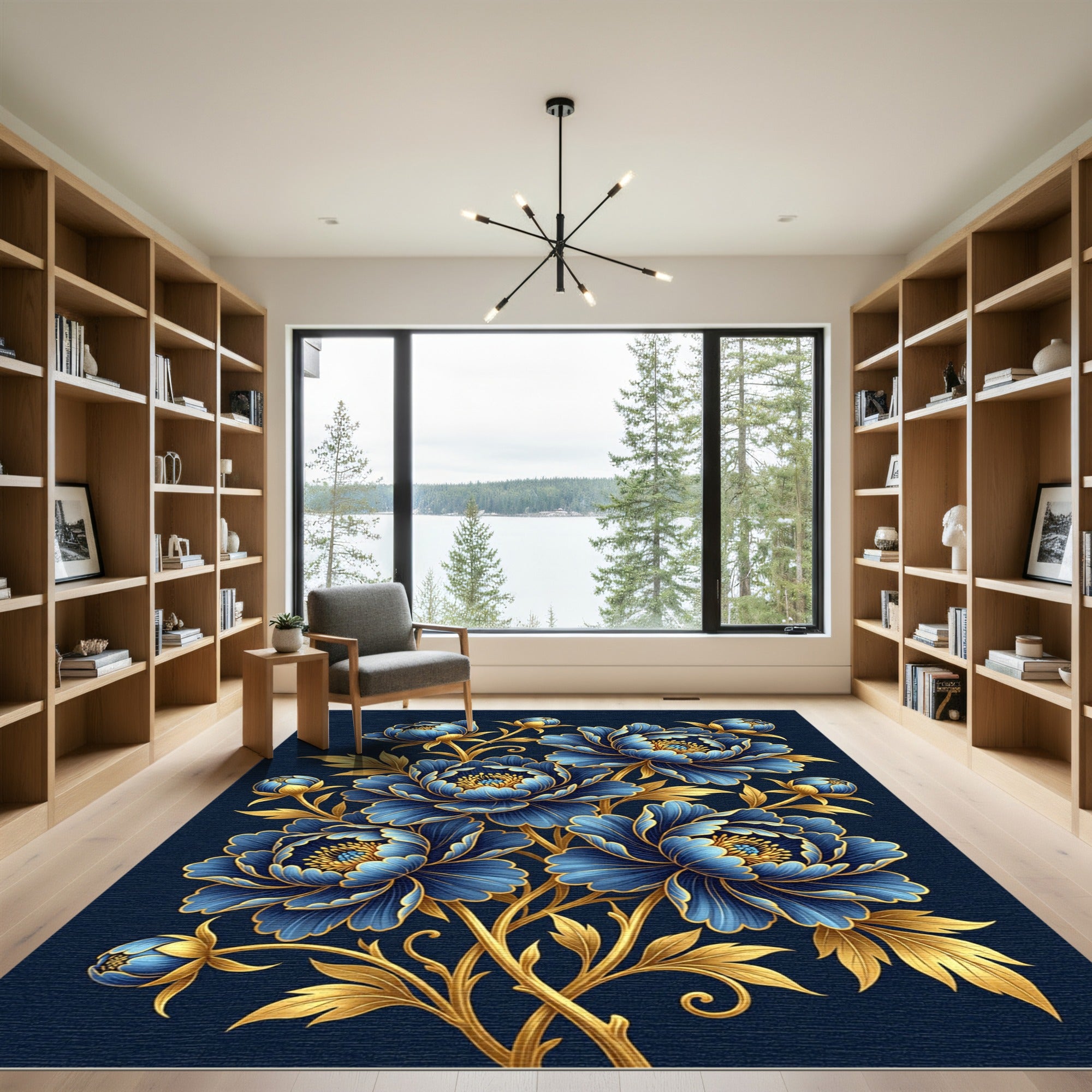 Elegant Golden Floral Indigo Peony Art Rug