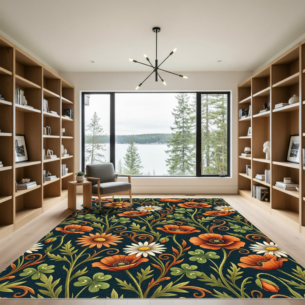 Orange Poppy and Daisy Botanical Meadow Rug