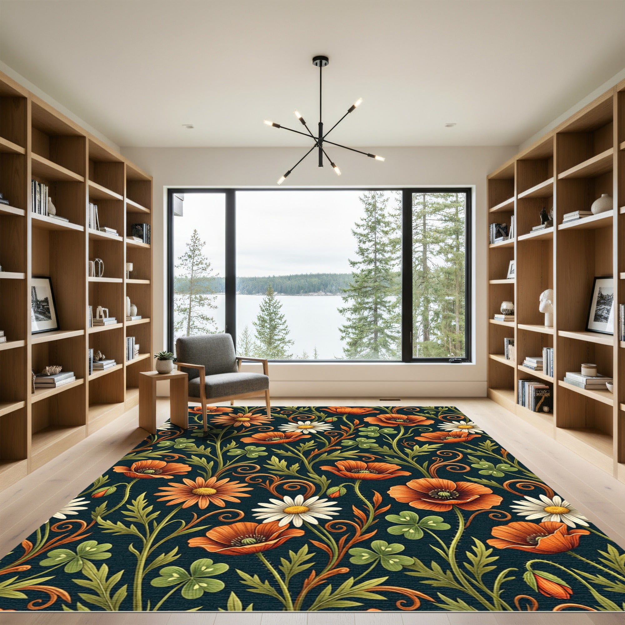 Orange Poppy and Daisy Botanical Meadow Rug