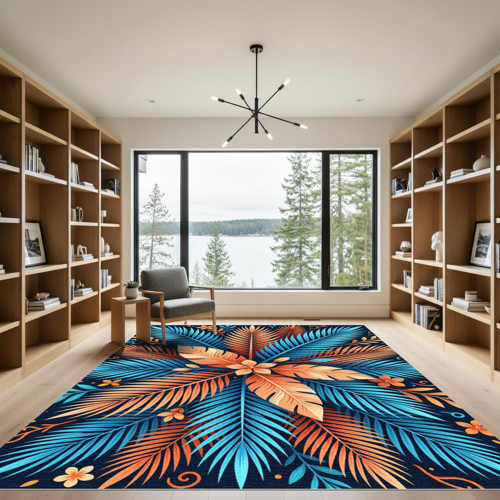 Fiery Blue Orange Tropical Leaves Rug