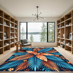Fiery Blue Orange Tropical Leaves Rug