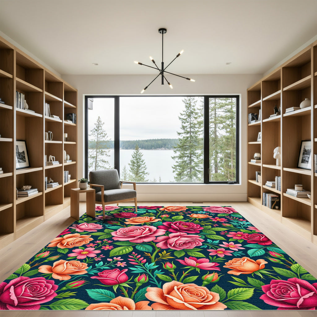 Vibrant Dark Floral Rose Garden Rug