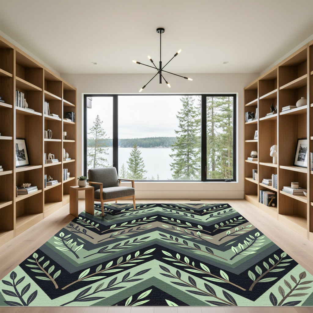 Sage Green Chevron Leaf Botanical Rug