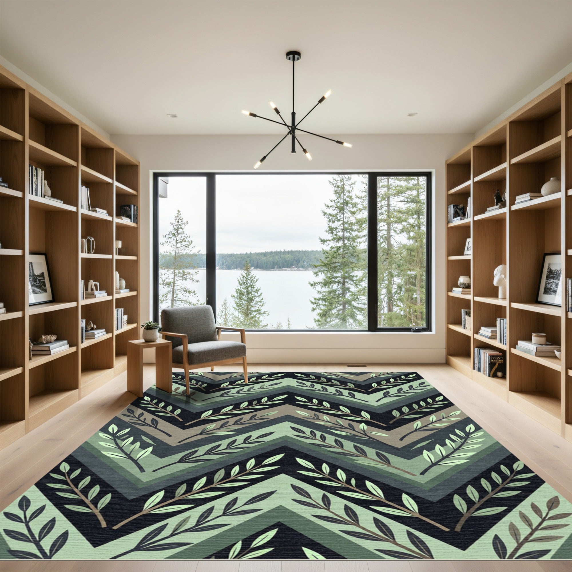Sage Green Chevron Leaf Botanical Rug