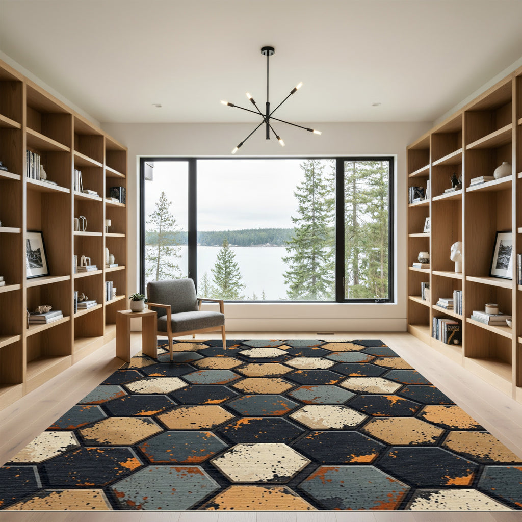 Distressed Hexagon Tiles And Ochre Texture Rug