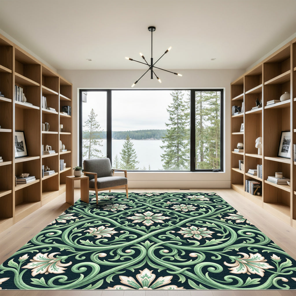 Emerald Green Floral Arabesque Rug