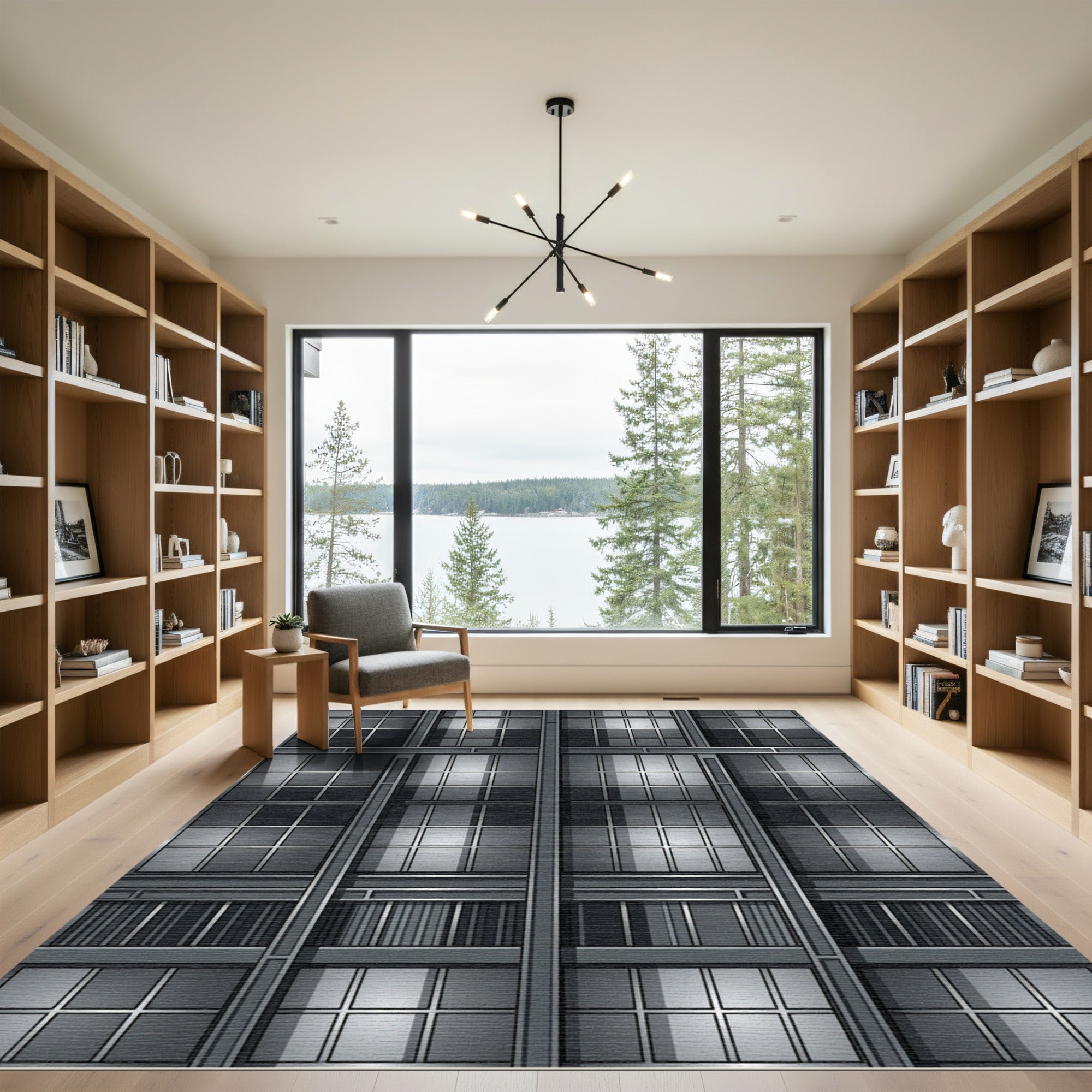 Modern Metallic Grid Window Panels Rug