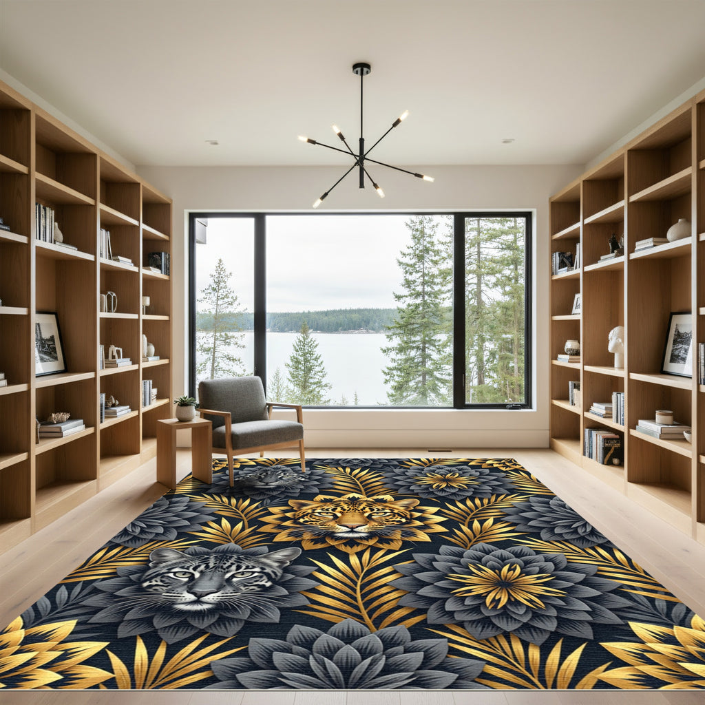 Golden Leopard Black Floral Foliage Rug