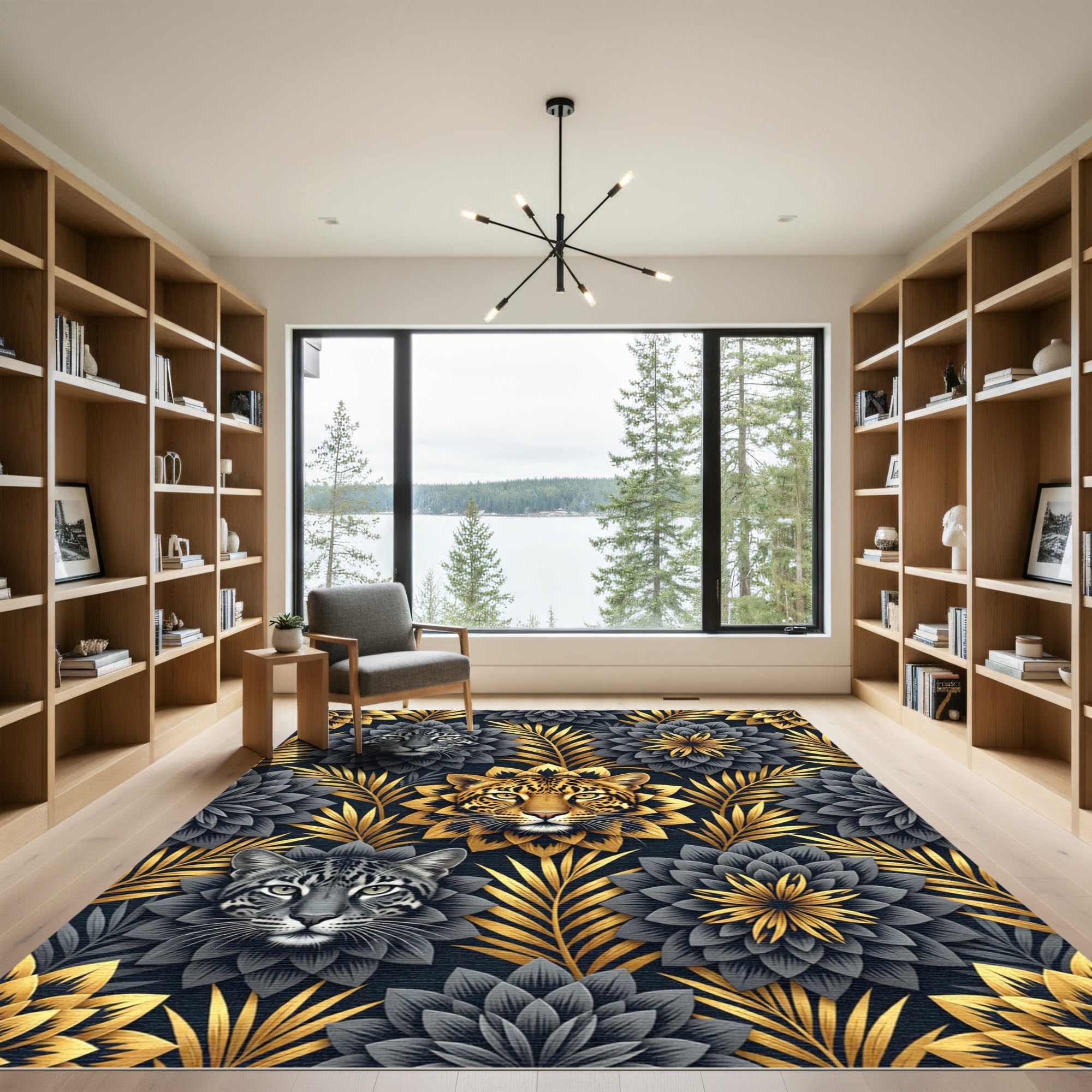 Golden Leopard Black Floral Foliage Rug
