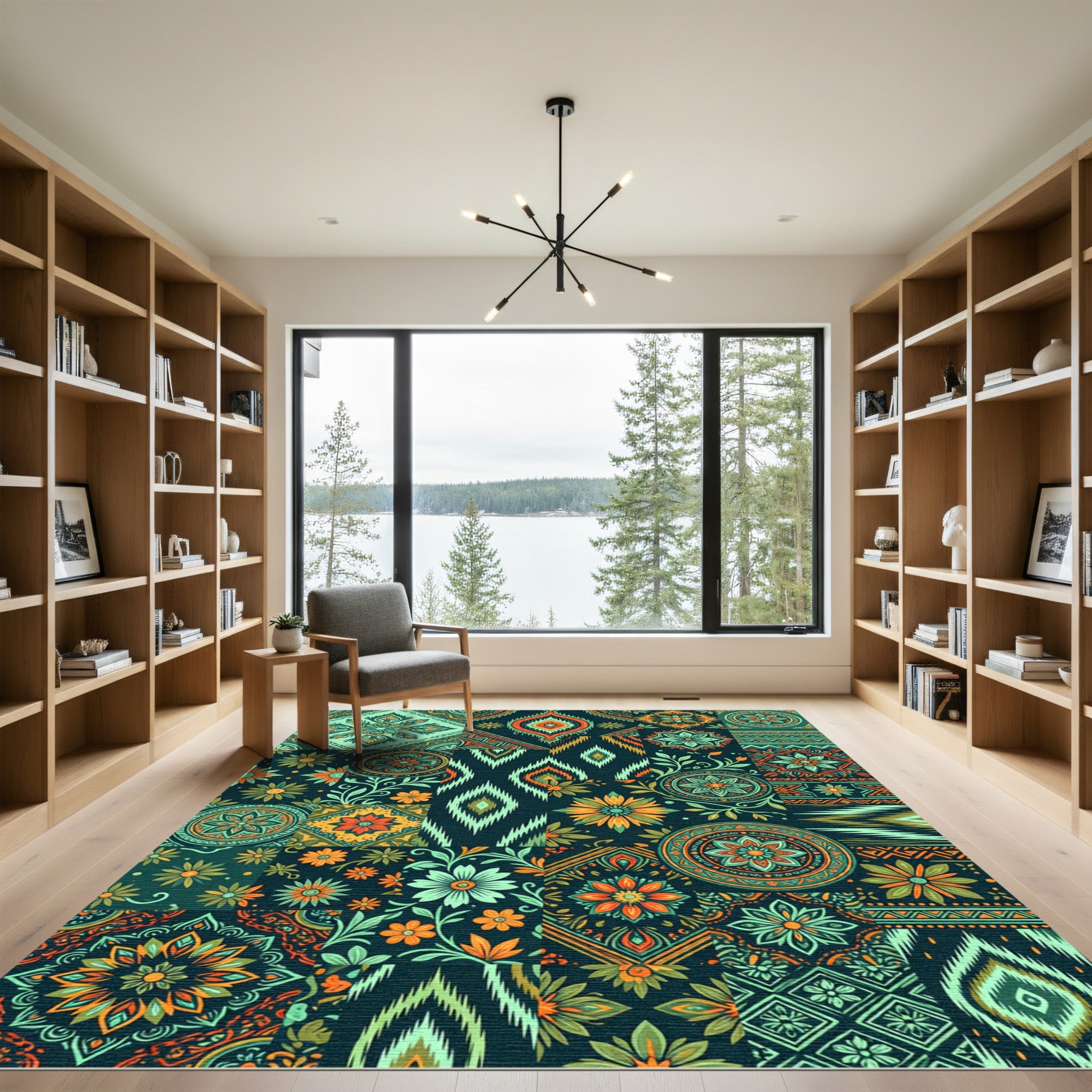 Teal Orange Floral Patchwork Square Rug