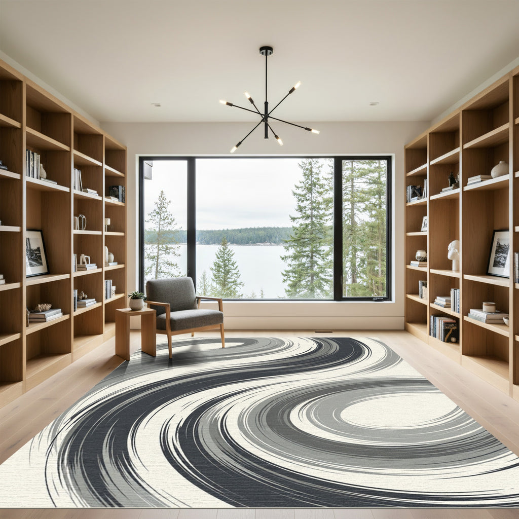 Monochrome Grey Swirl Calligraphy Rug