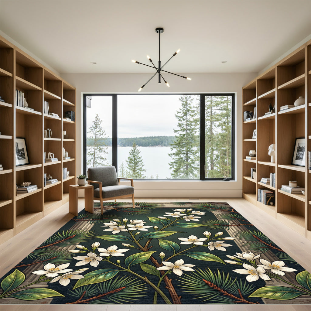 Elegant White Jasmine and Pine Foliage Rug