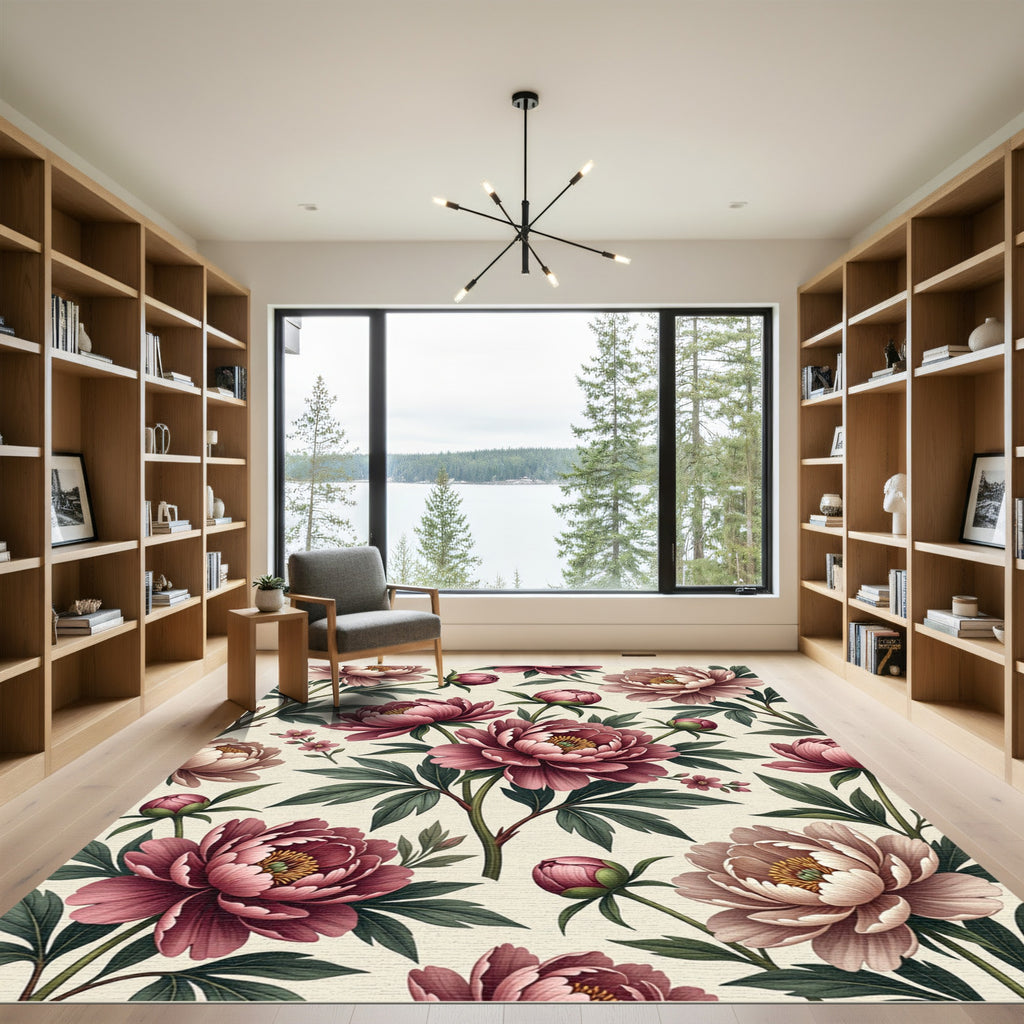 Blush Pink Peony Botanical Floral Rug