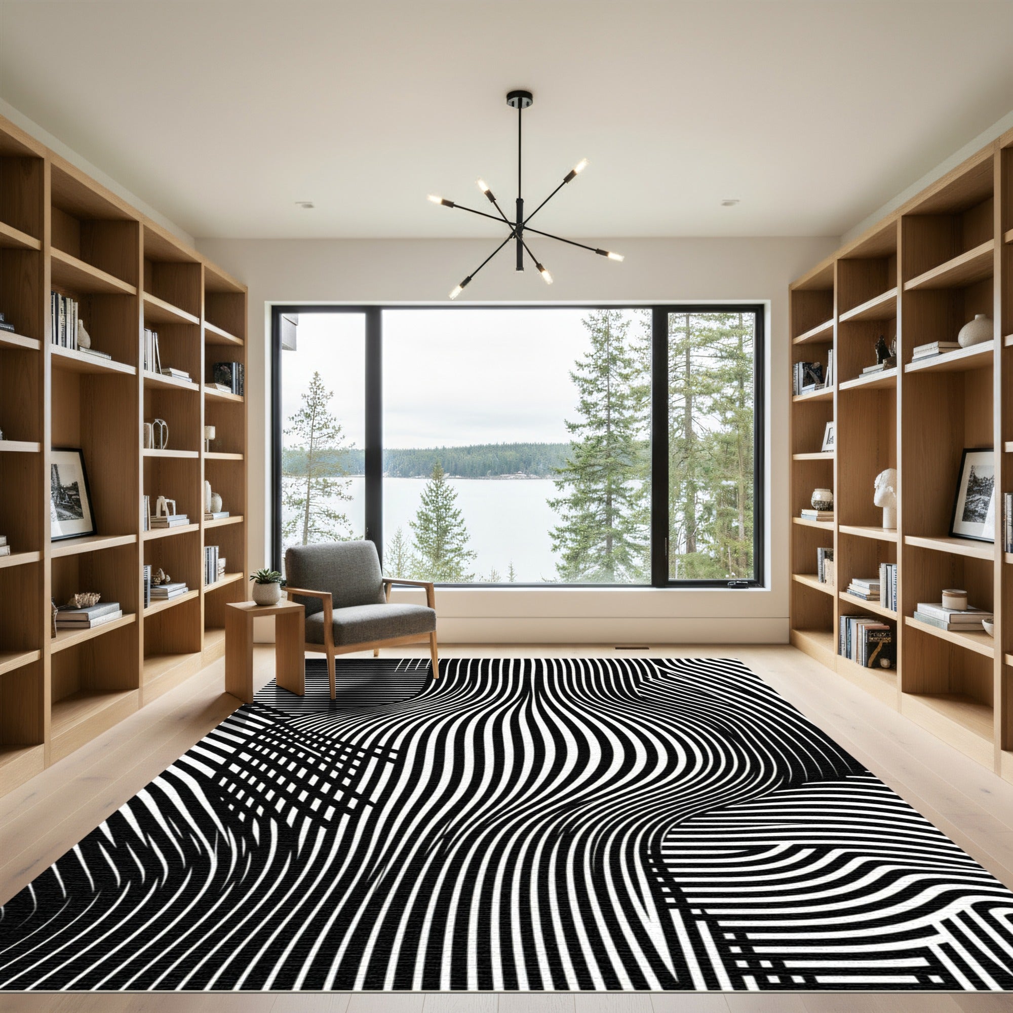 Monochrome Optical Linear Wavy Abstract Rug