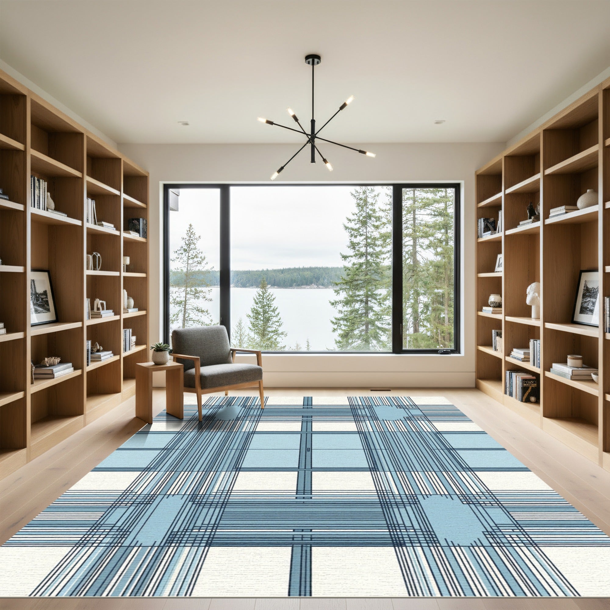 Modern Blue White Crosshatch Rug