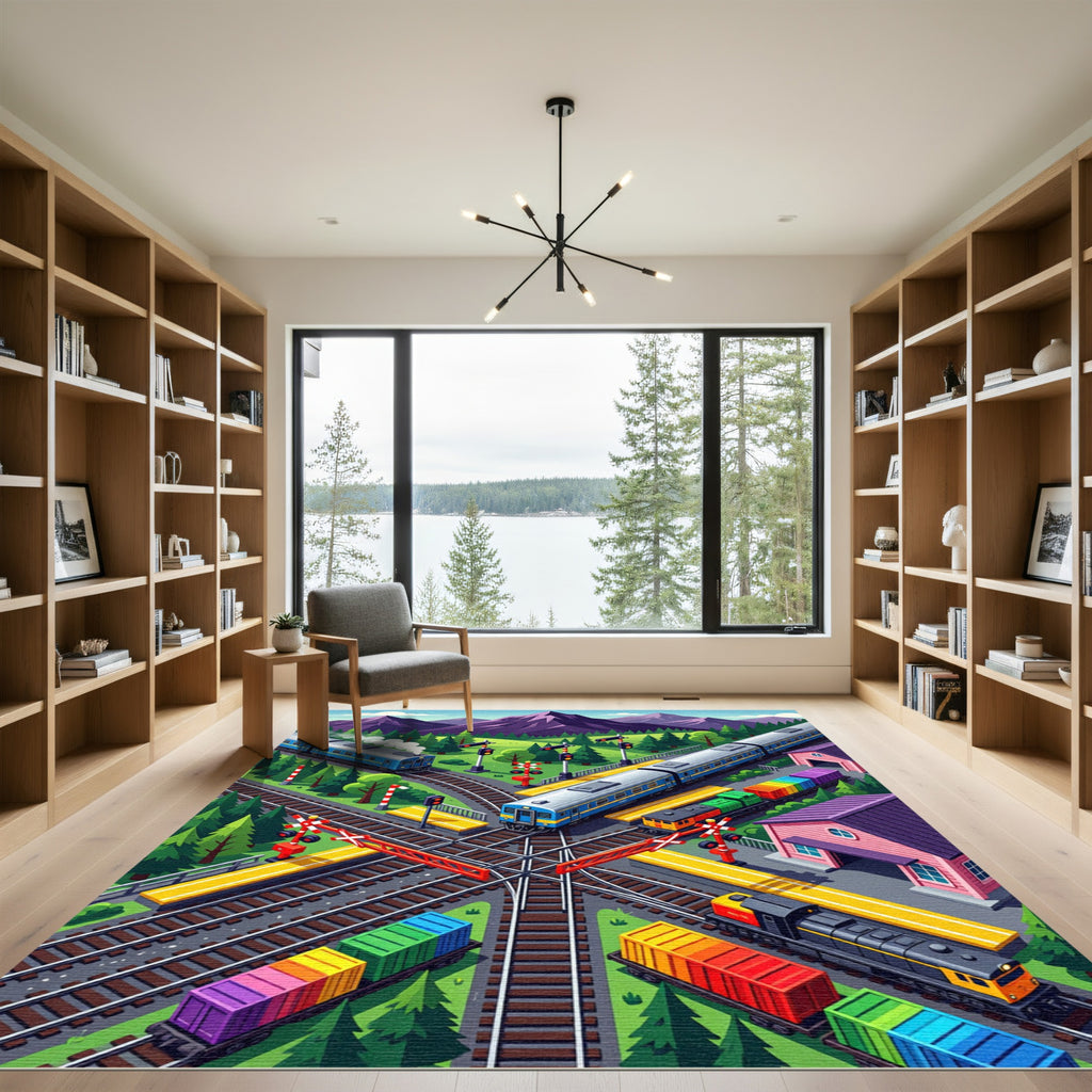 Vibrant Isometric Mountain Railway Landscape Rug