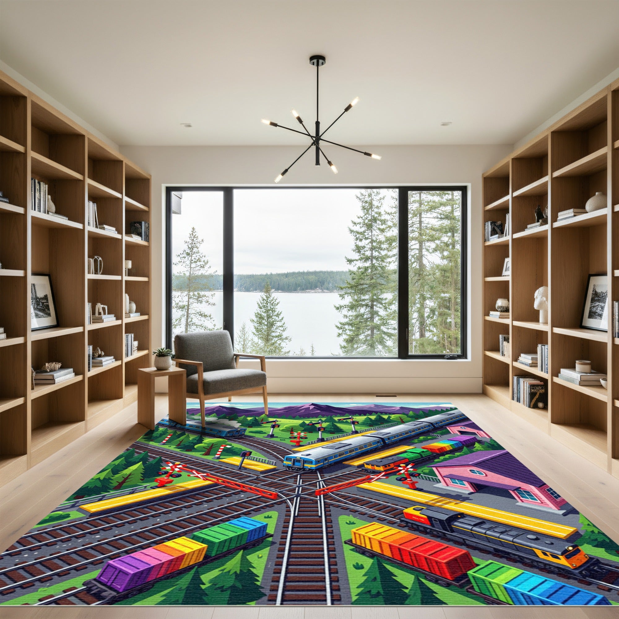 Vibrant Isometric Mountain Railway Landscape Rug