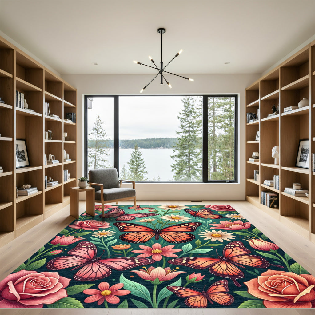 Coral Butterflies Pink Flowers Garden Rug