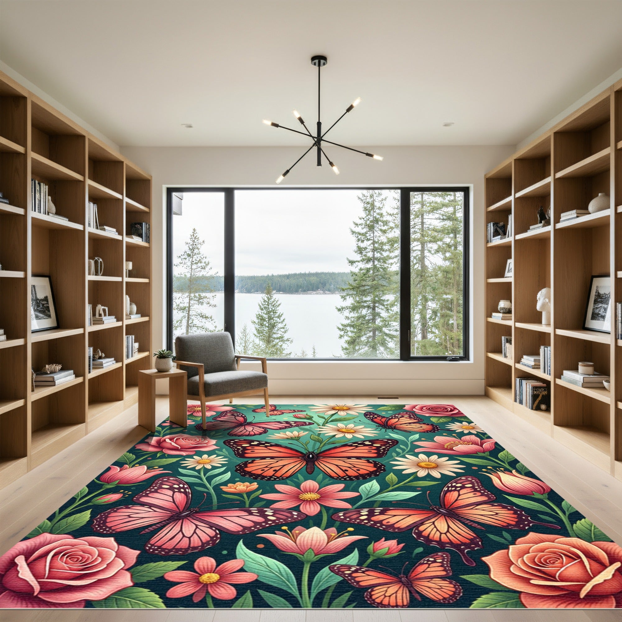 Coral Butterflies Pink Flowers Garden Rug