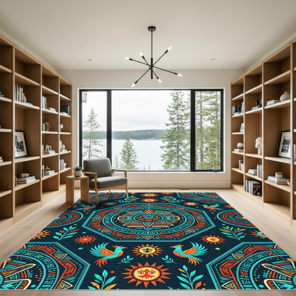 Aztec Sun and Bird Geometric Tapestry Rug