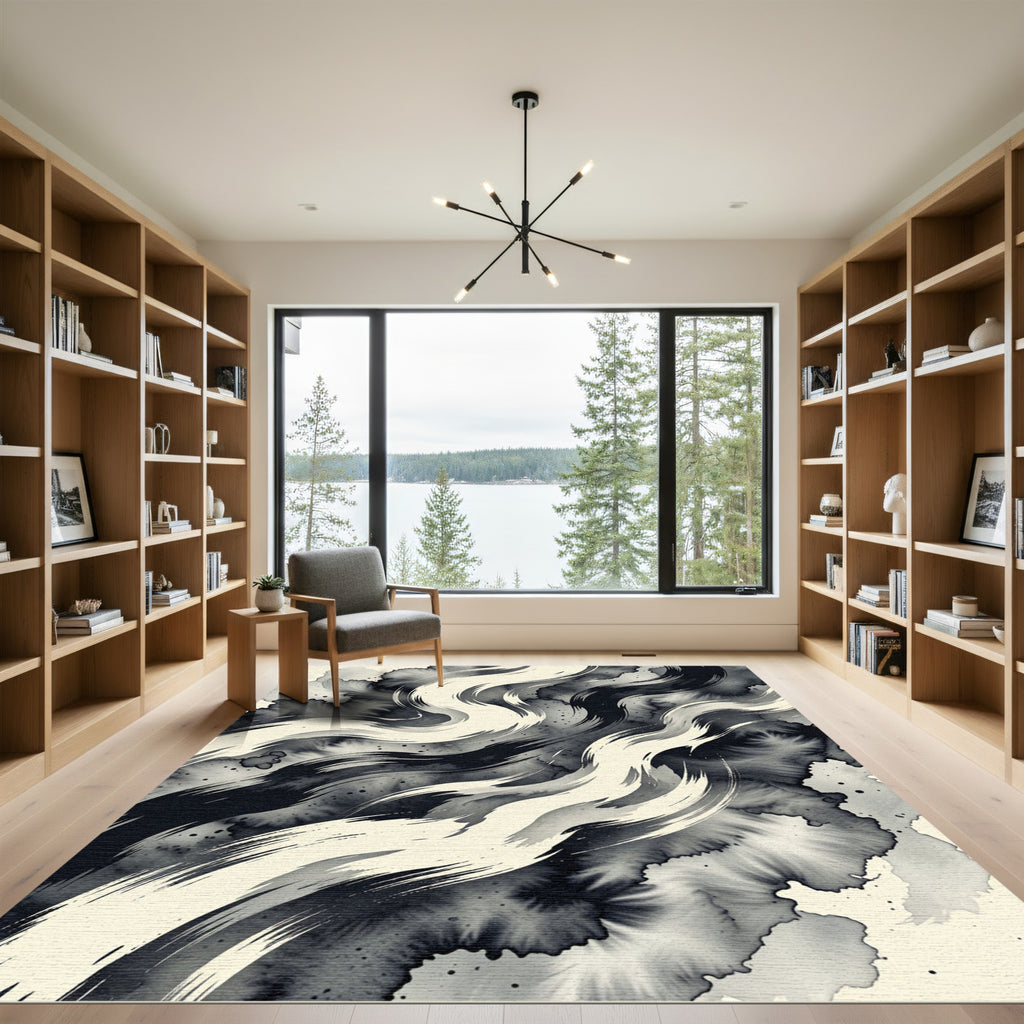 Monochrome Ink Swirl Abstract Wave Rug