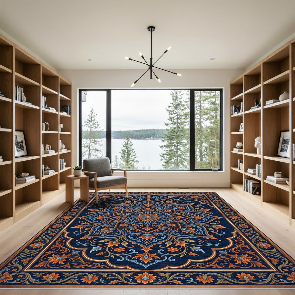 Ornate Navy Blue Floral Mandala Rug