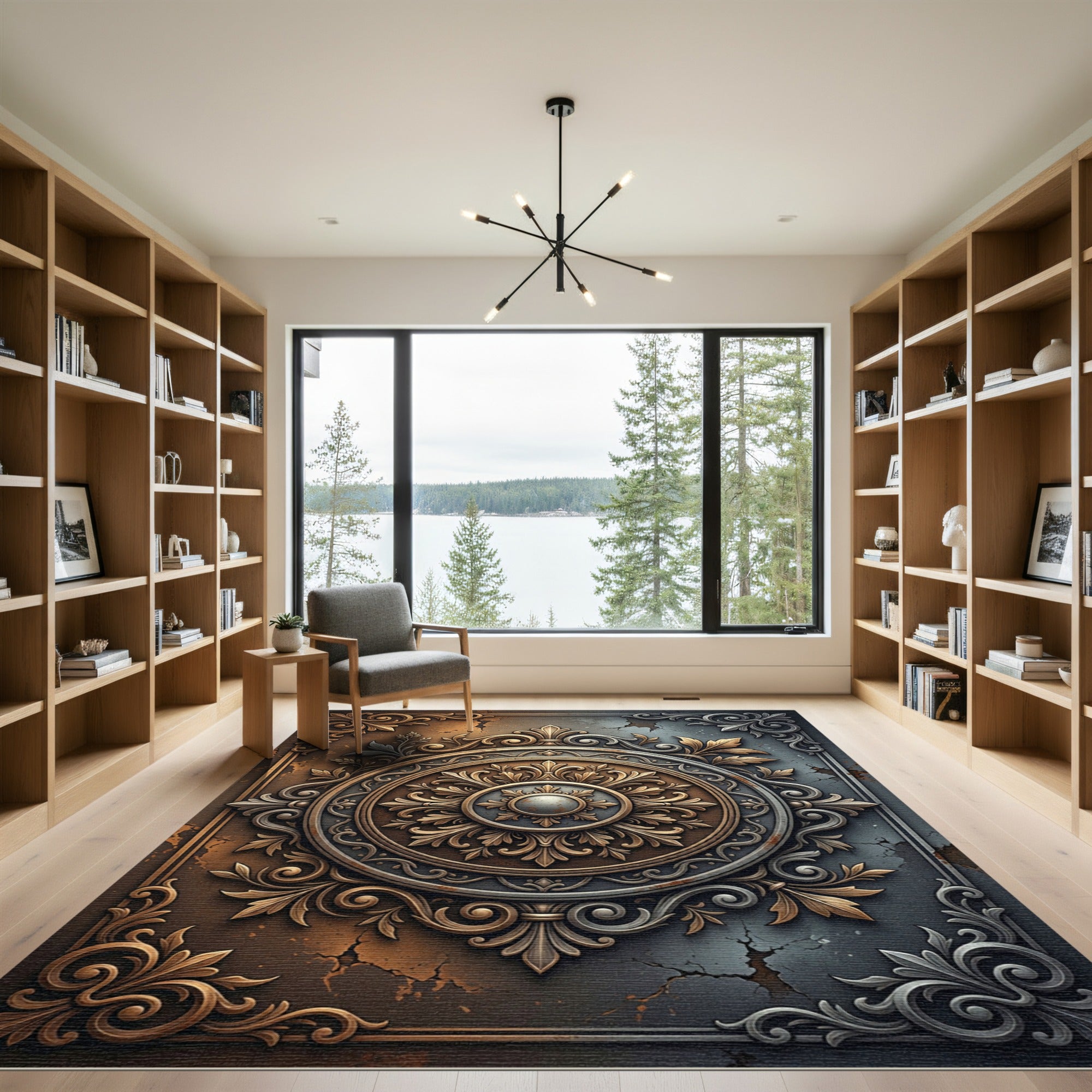 Ornate Golden Bronze Floral Medallion Rug