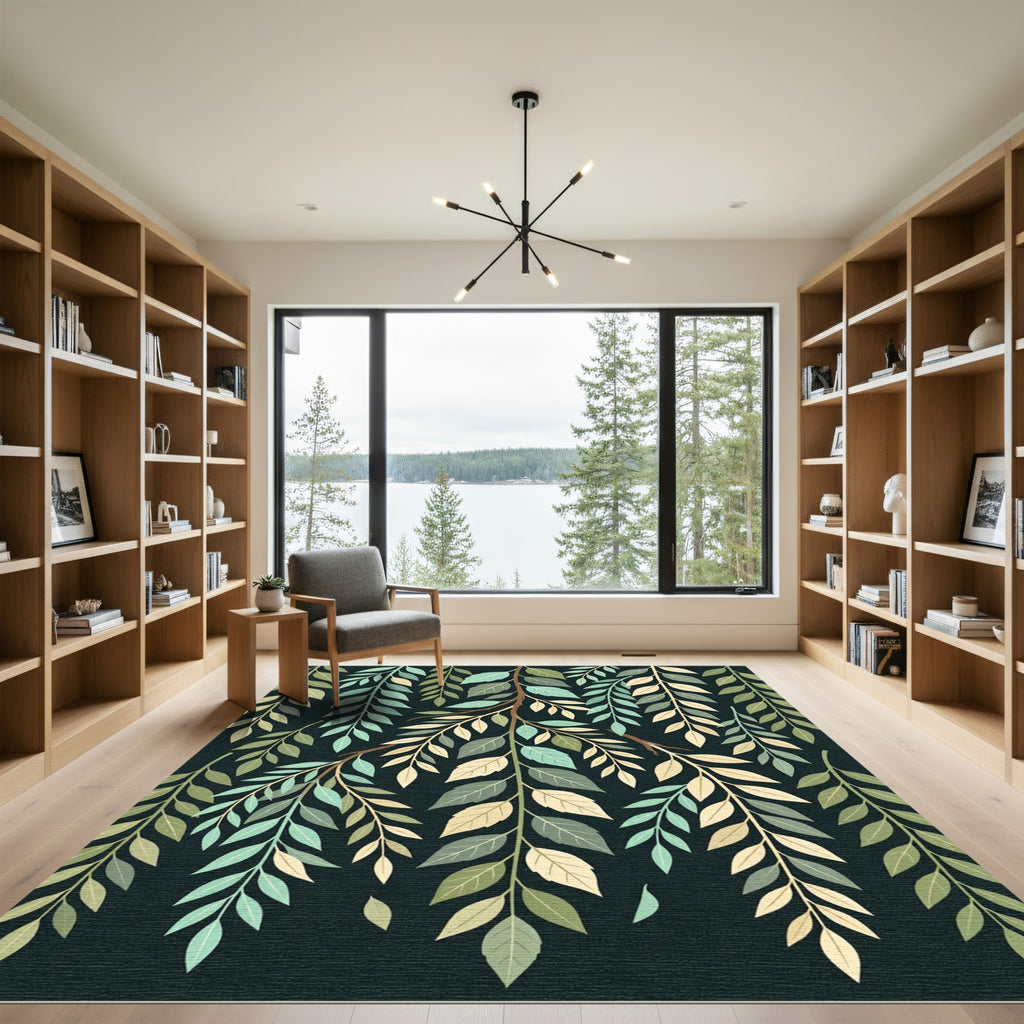 Lush Green Botanical Willow Leaf Art Rug