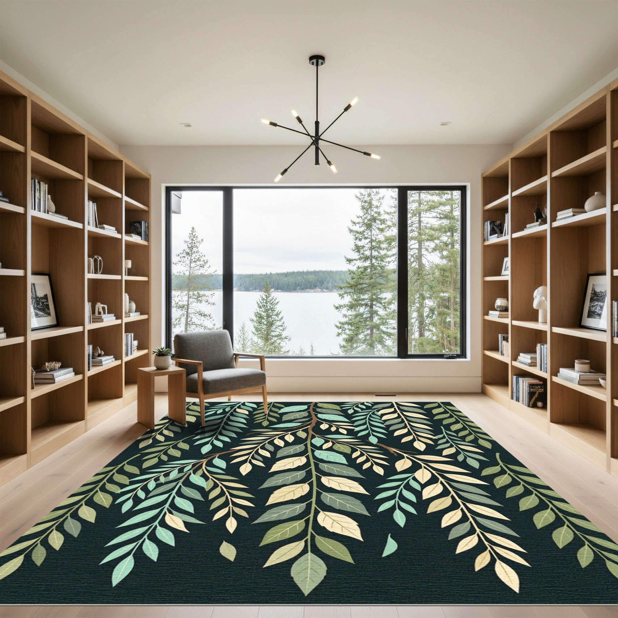 Lush Green Botanical Willow Leaf Art Rug