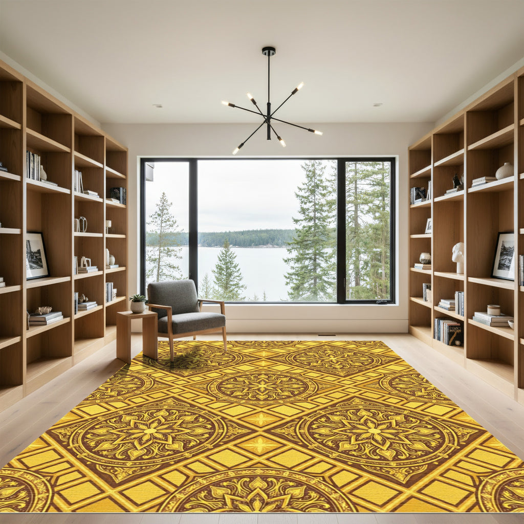 Gilded Ornate Floral Geometric Gold Medallion Rug