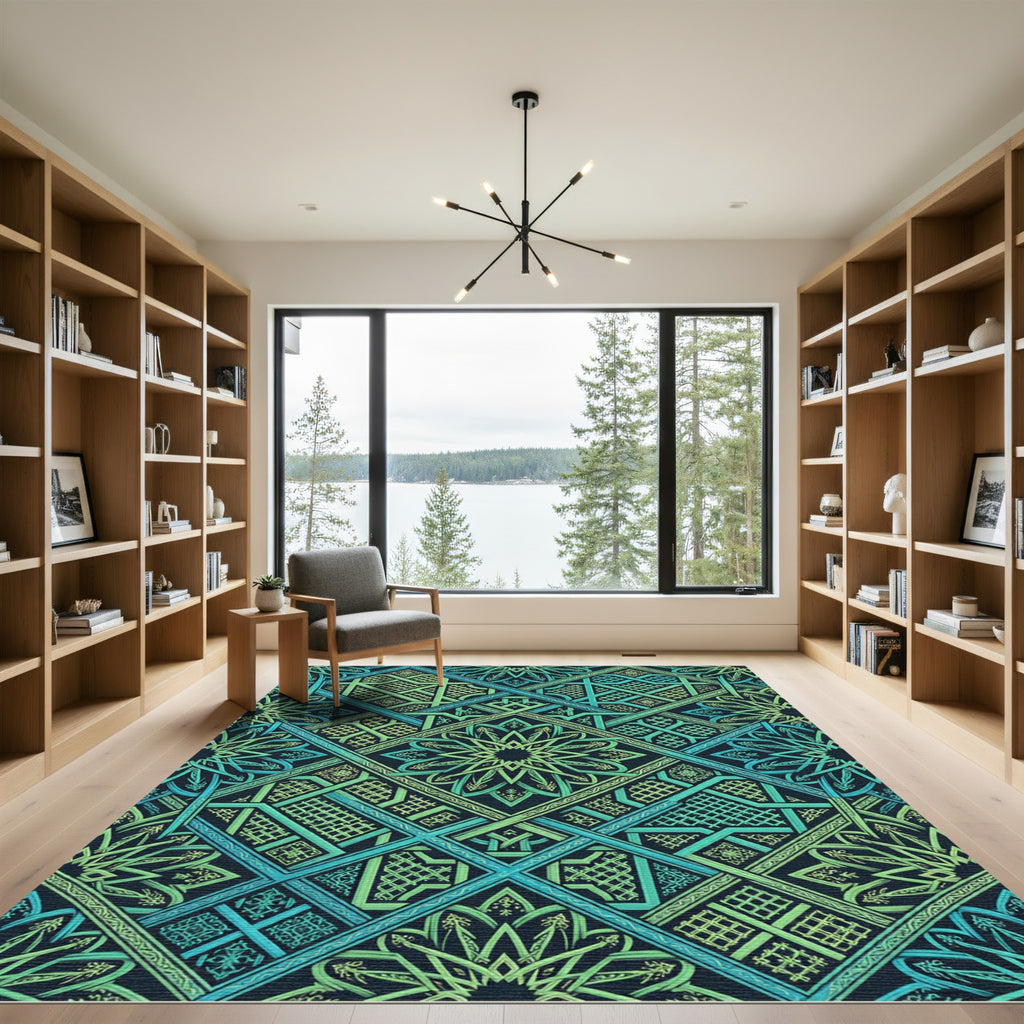 Intricate Emerald Teal Geometric Knot Rug