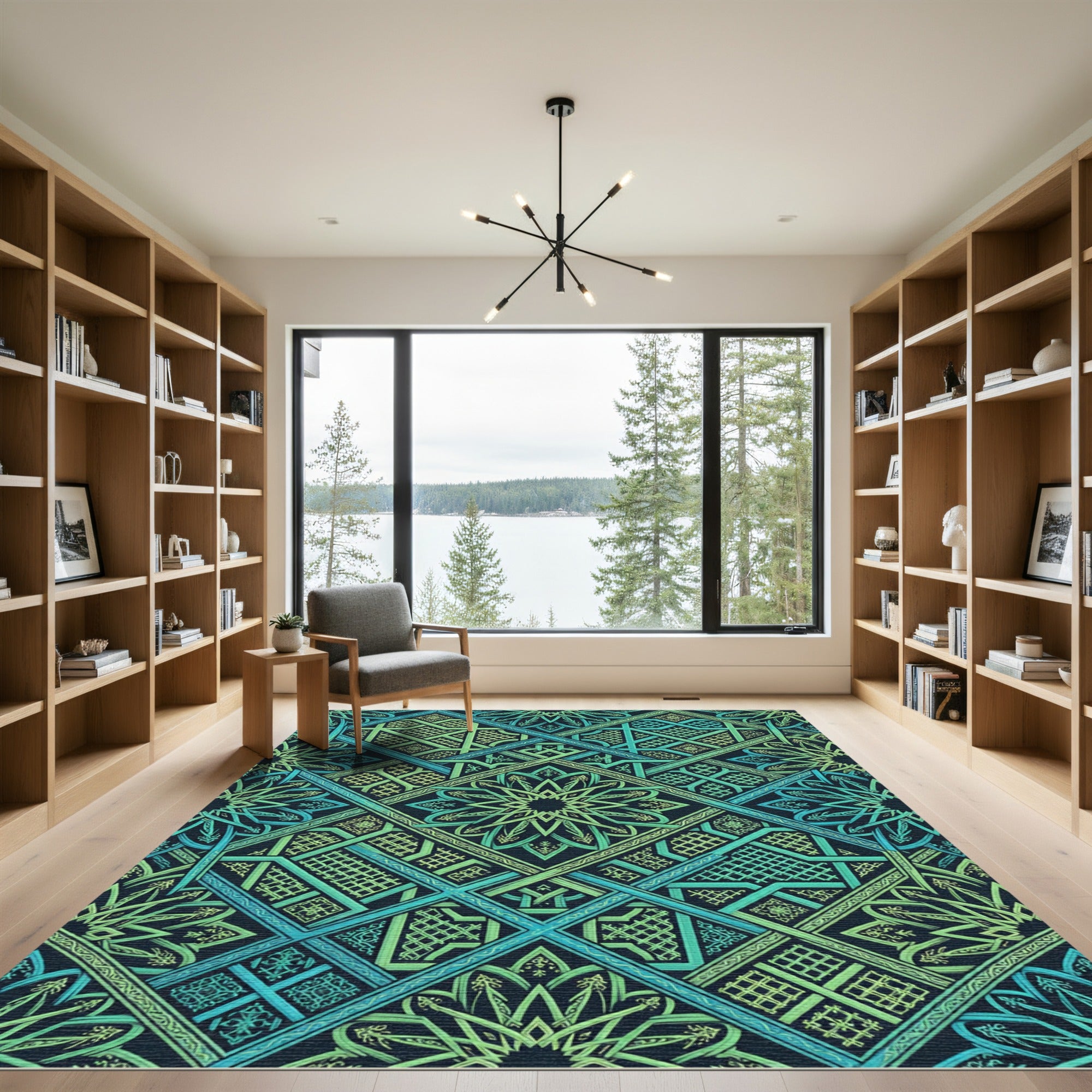 Intricate Emerald Teal Geometric Knot Rug