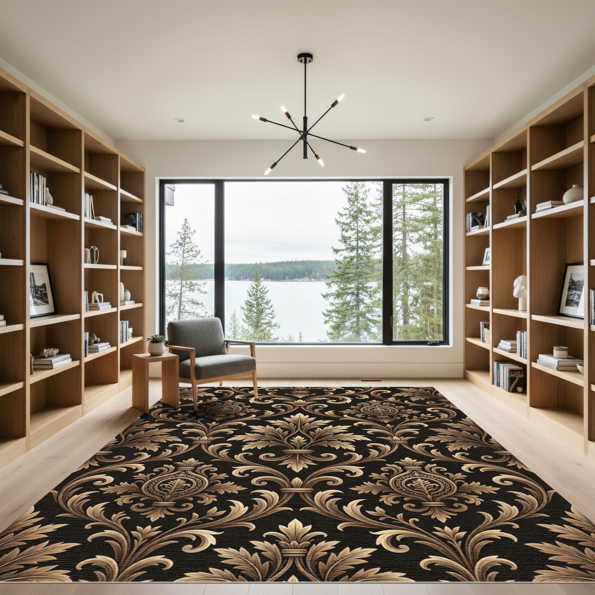 Elegant Gold Damask Charcoal Swirl Rug