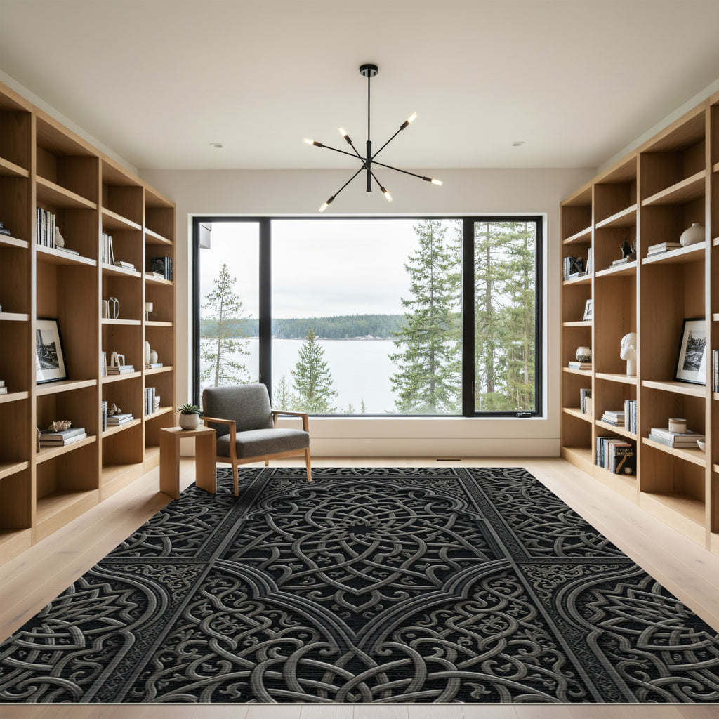 Intricate Charcoal Silver Interlocking Geometric Scroll Rug