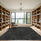 Intricate Charcoal Silver Interlocking Geometric Scroll Rug