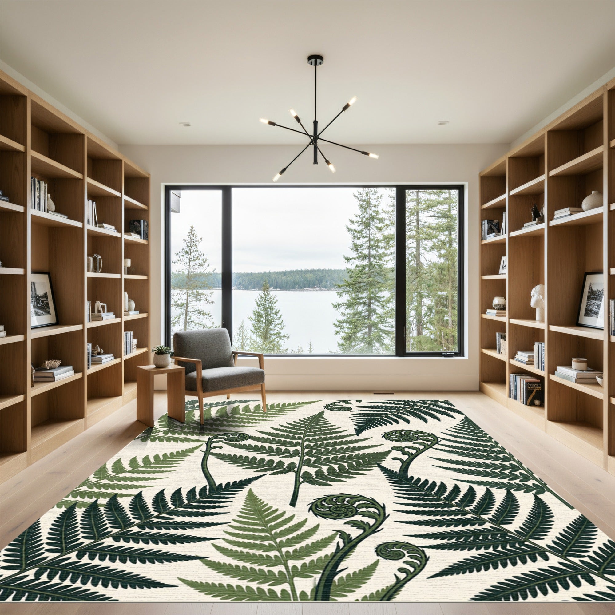 Lush Green Botanical Fern Leaf Layering Rug