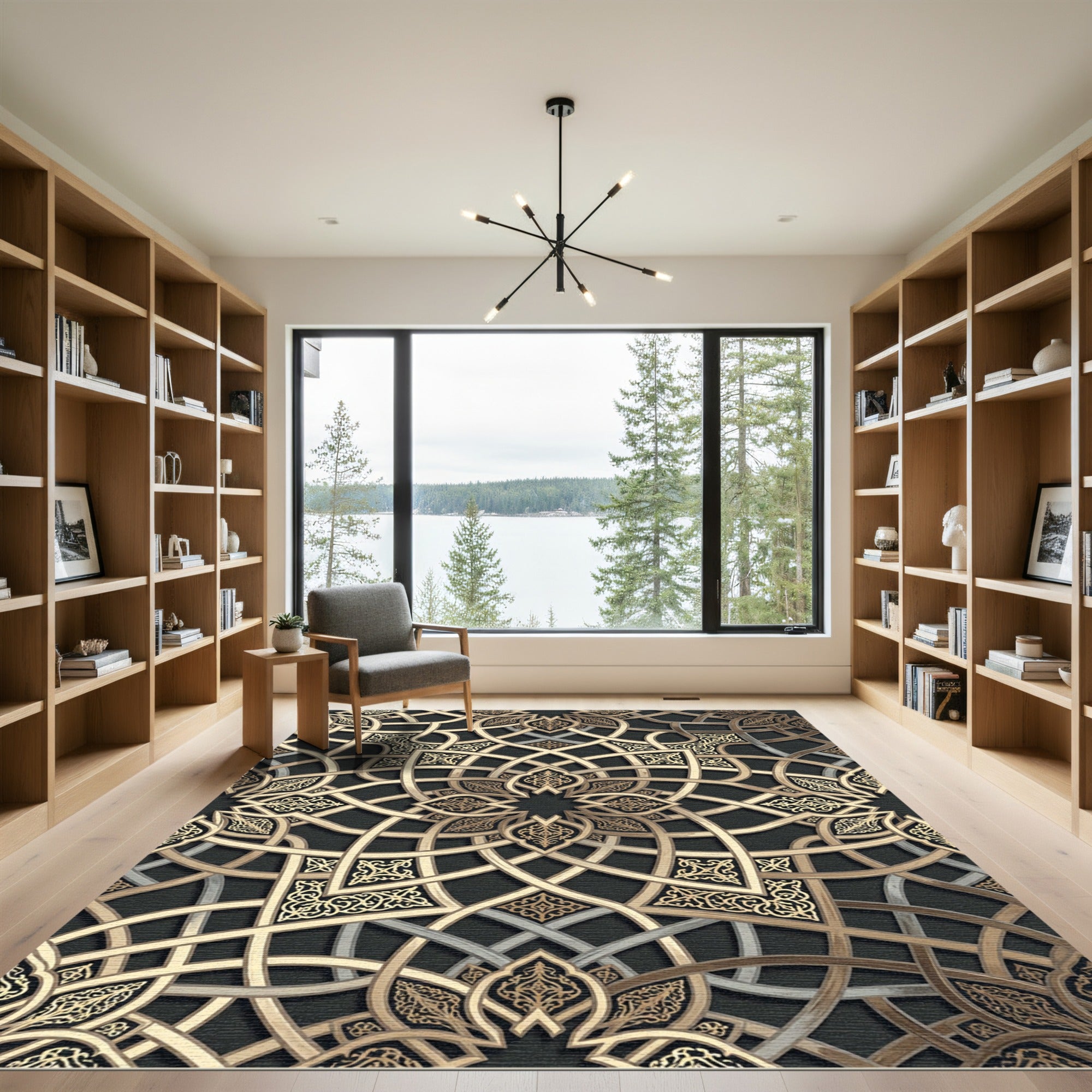 Elegant Gold Interlocking Geometric Lattice Rug