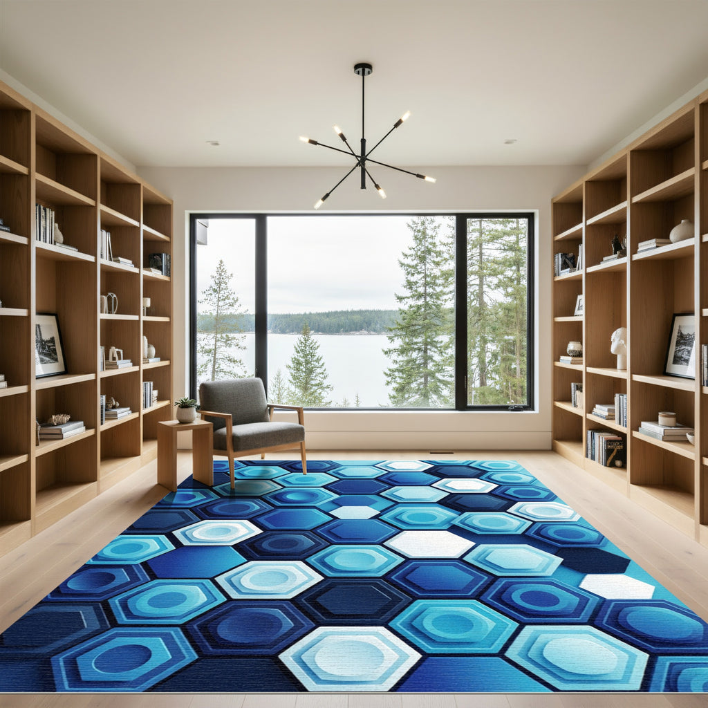Modern Blue Dimensional Geometric Hexagons Rug