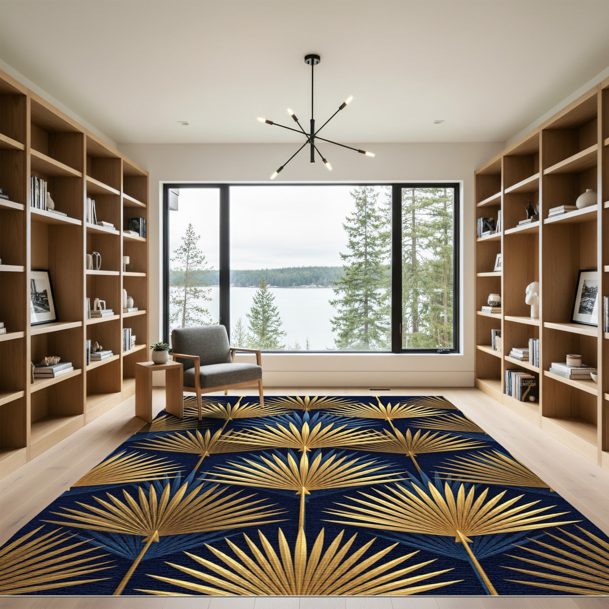 Art Deco Gold Palm Leaf Navy Rug