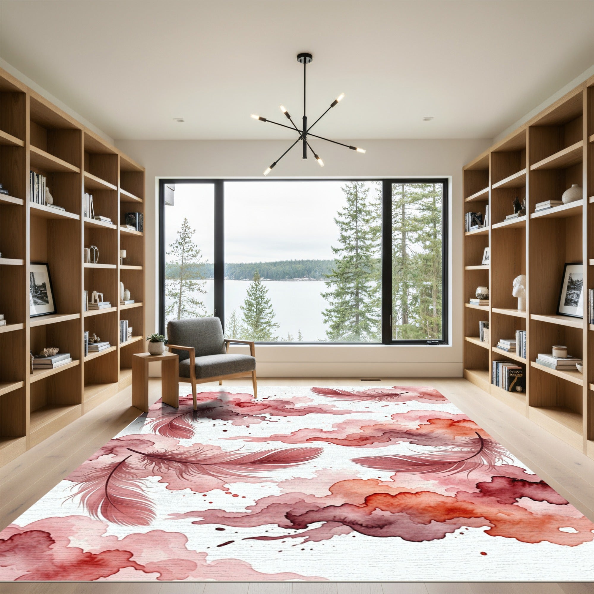 Ethereal Crimson Feather Watercolor Clouds Rug