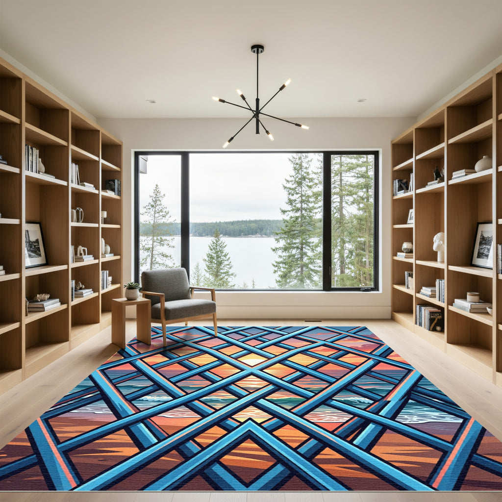 Blue Geometric Lattice Sunset Ocean View Rug
