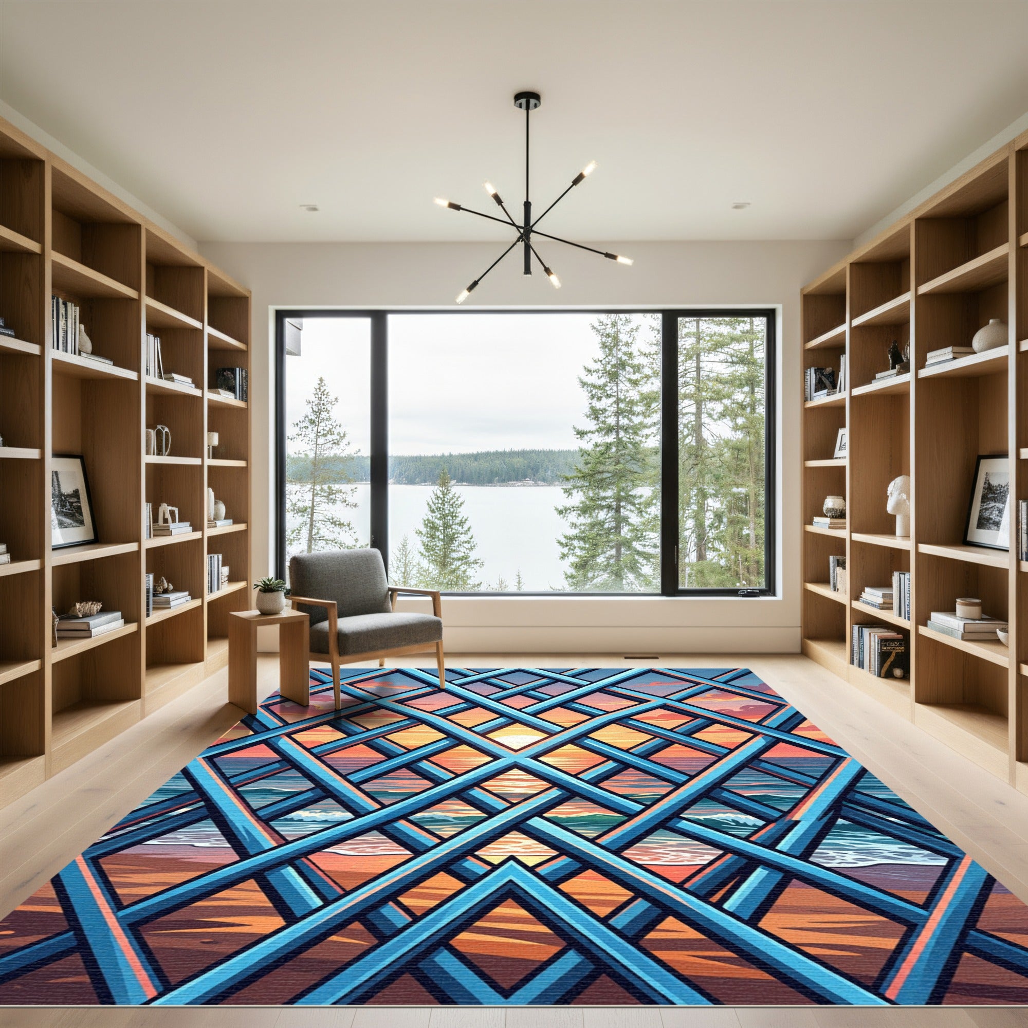 Blue Geometric Lattice Sunset Ocean View Rug