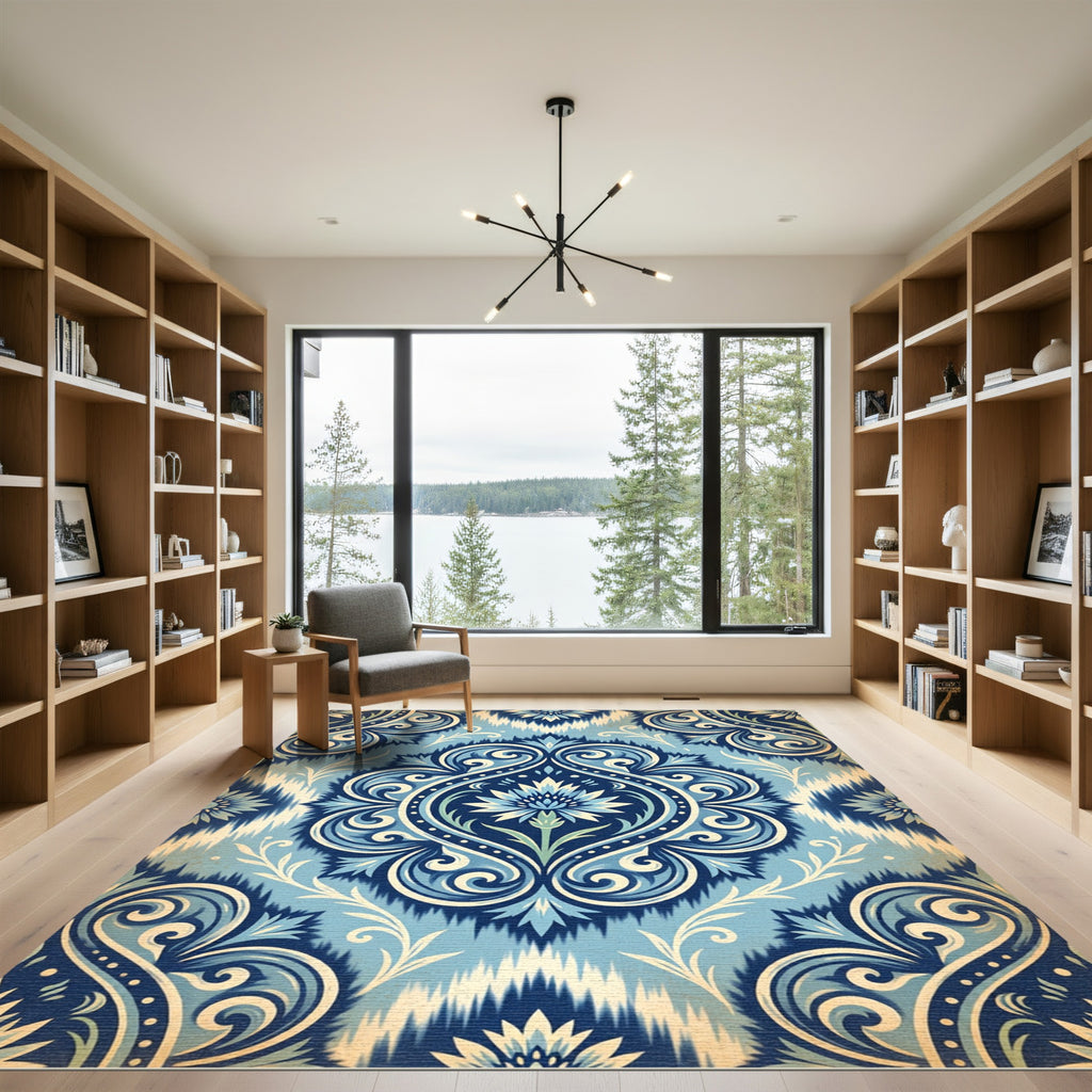 Blue Damask Floral Scroll Medallion Rug