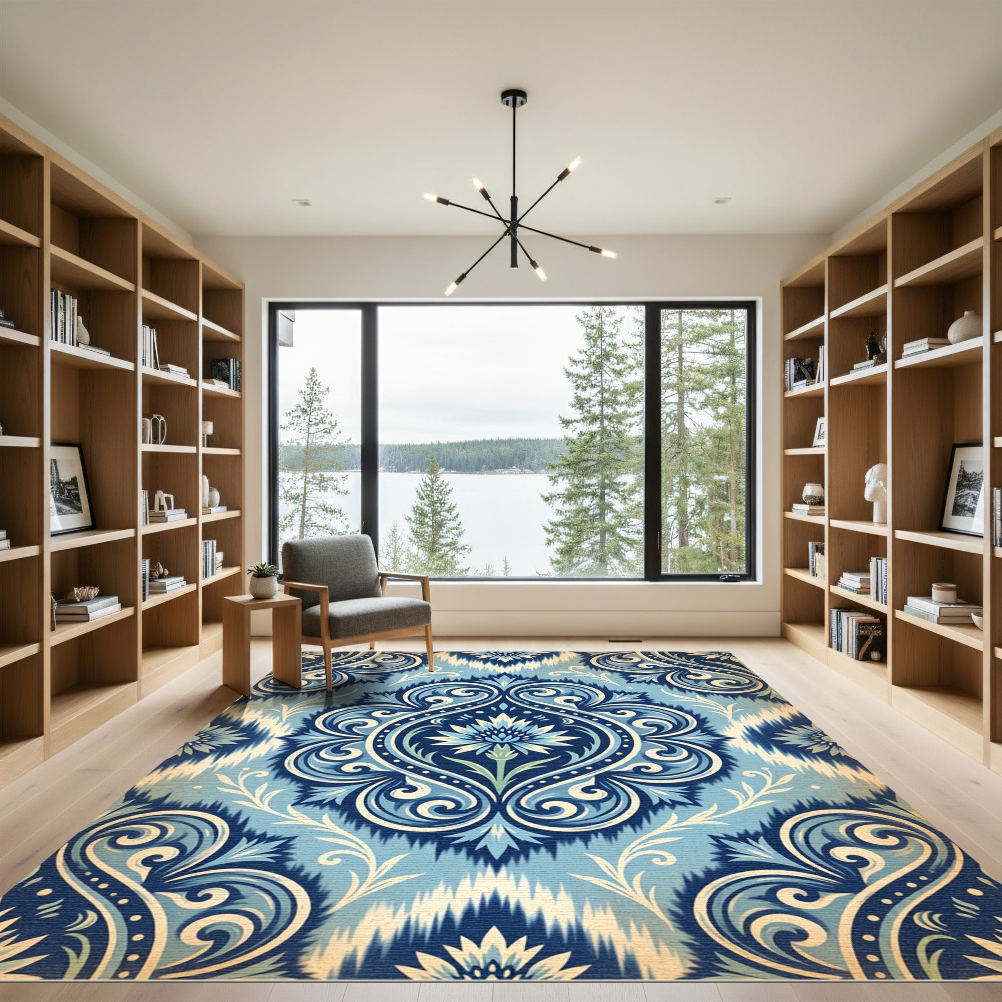 Blue Damask Floral Scroll Medallion Rug