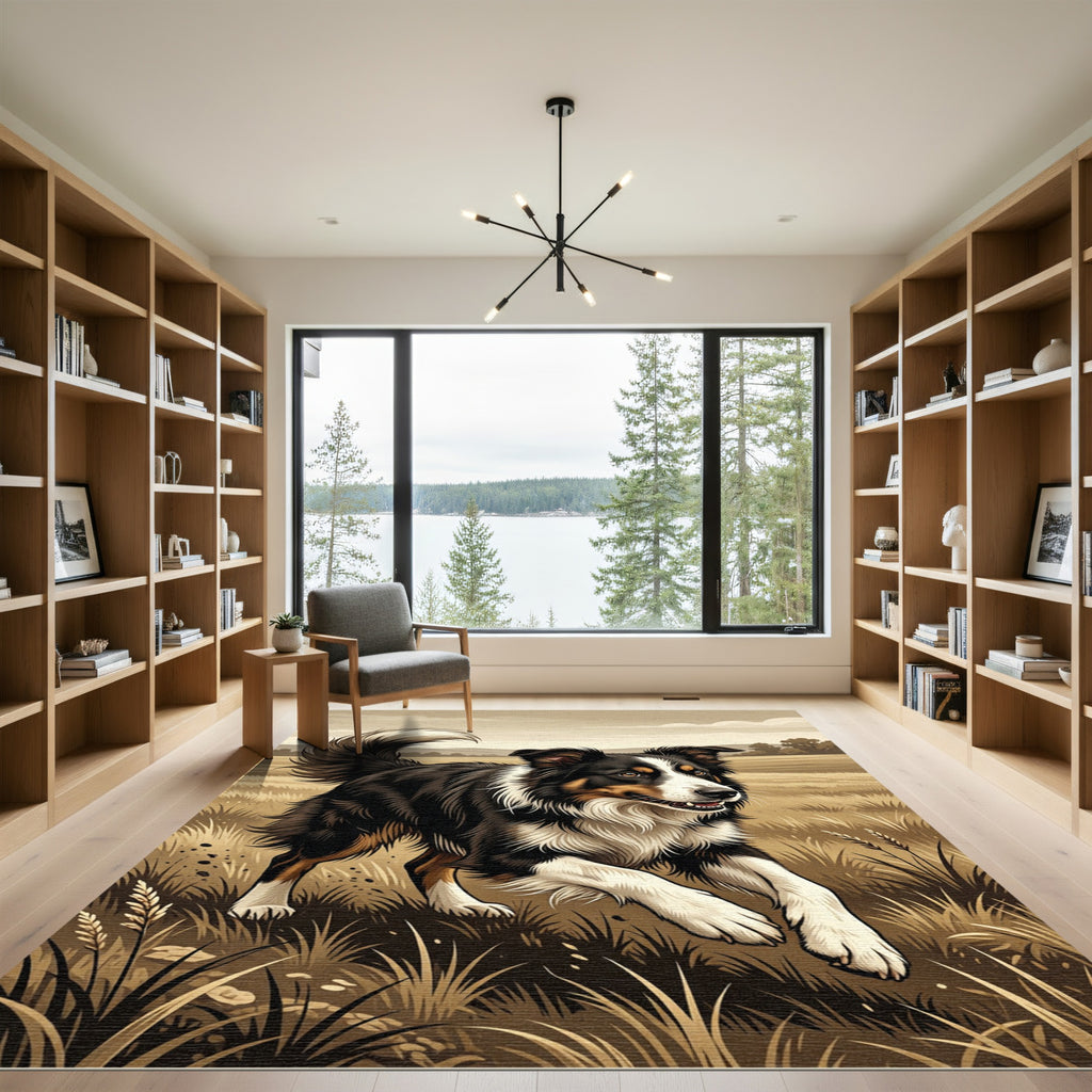 Artful Border Collie Meadow Landscape Rug