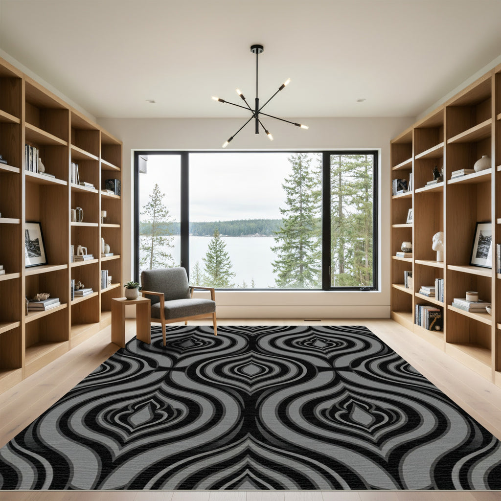 Sophisticated Charcoal and Silver Abstract Damask Rug