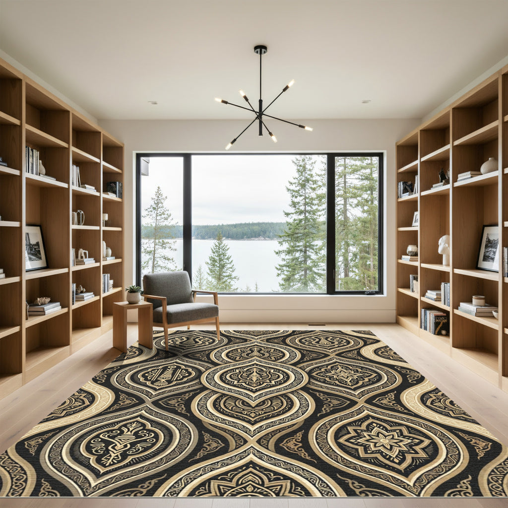 Black Gold Ornate Medallion Overlay Rug