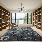 Ornate Monochrome Floral Vine Rug