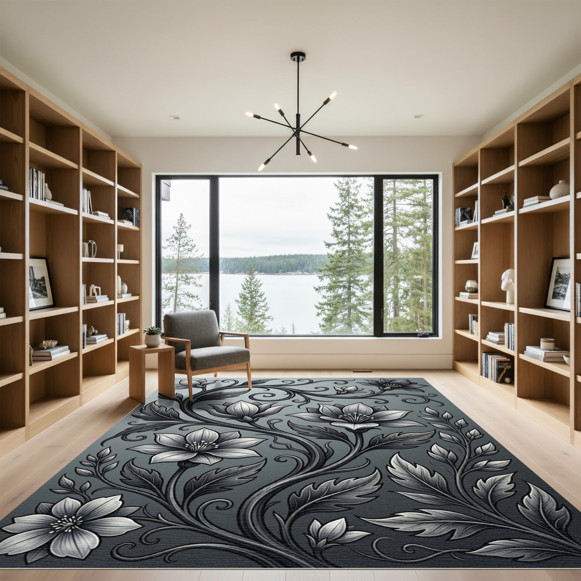 Ornate Monochrome Floral Vine Rug